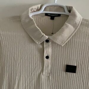 KARL LAGERFELD RIBBED KNIT COTTON BLEND STRETCH OATMEAL POLO SHIRT
L NWT